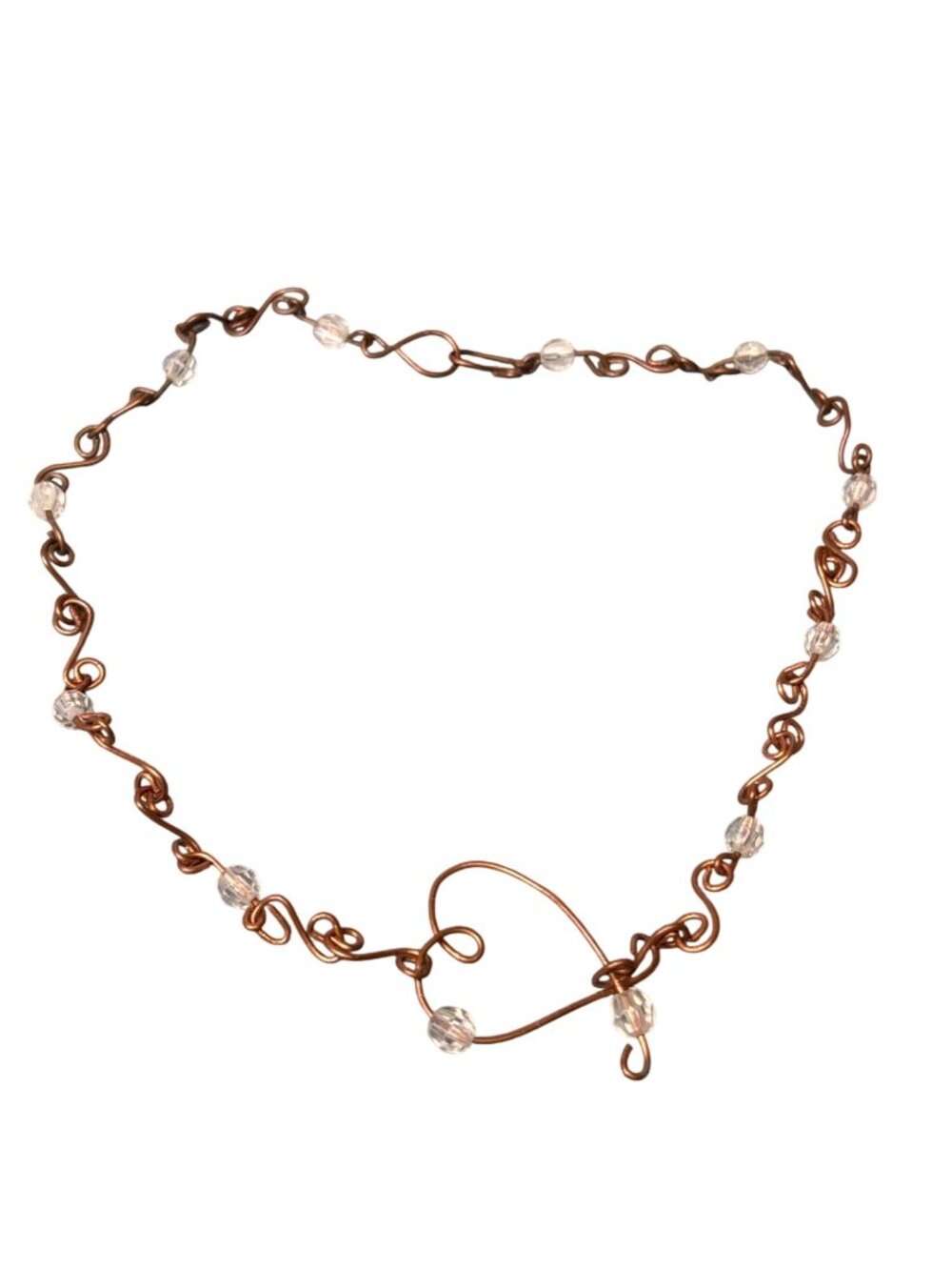 Vtg Artisan Copper Choker Collar Necklace Clear Glass Beads 14 inches Long